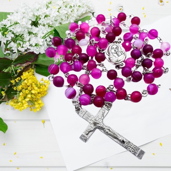 STUNNING PINK & PURPLE CRYSTAL BEADS ROSARY - Picture 4 of 8